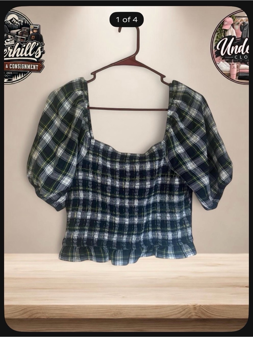 American Eagle Outfitters Green & Blue Plaid Puff-Sleeve Crop Top
